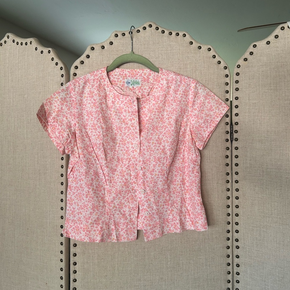 Vintage 60s Pink Button Up Top 1960s Pink Yellow White Ditsy Floral Blouse Shirt